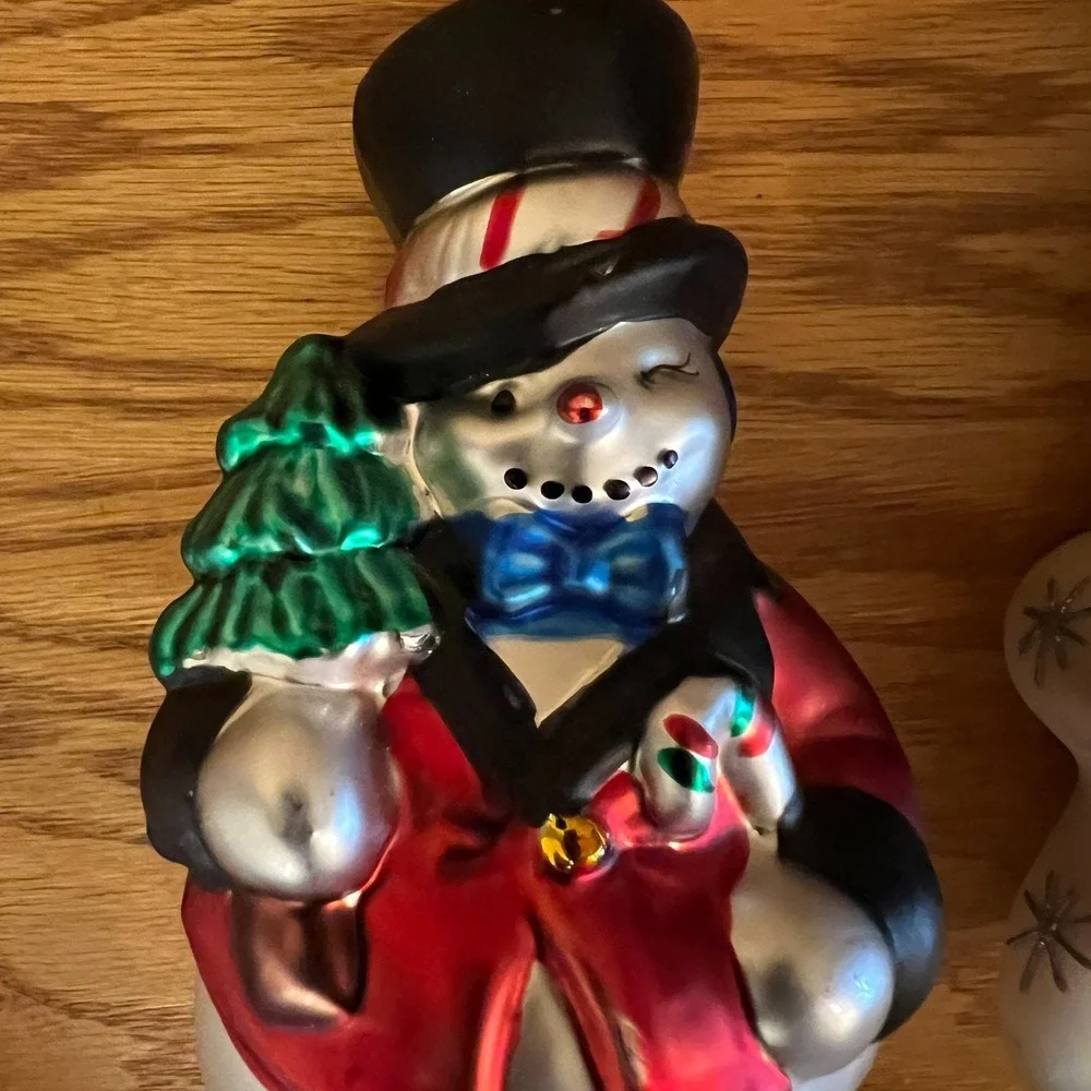 Vintage Snowman Christmas Ornaments Hand Blown Painted Glass Holiday Lot Of 2